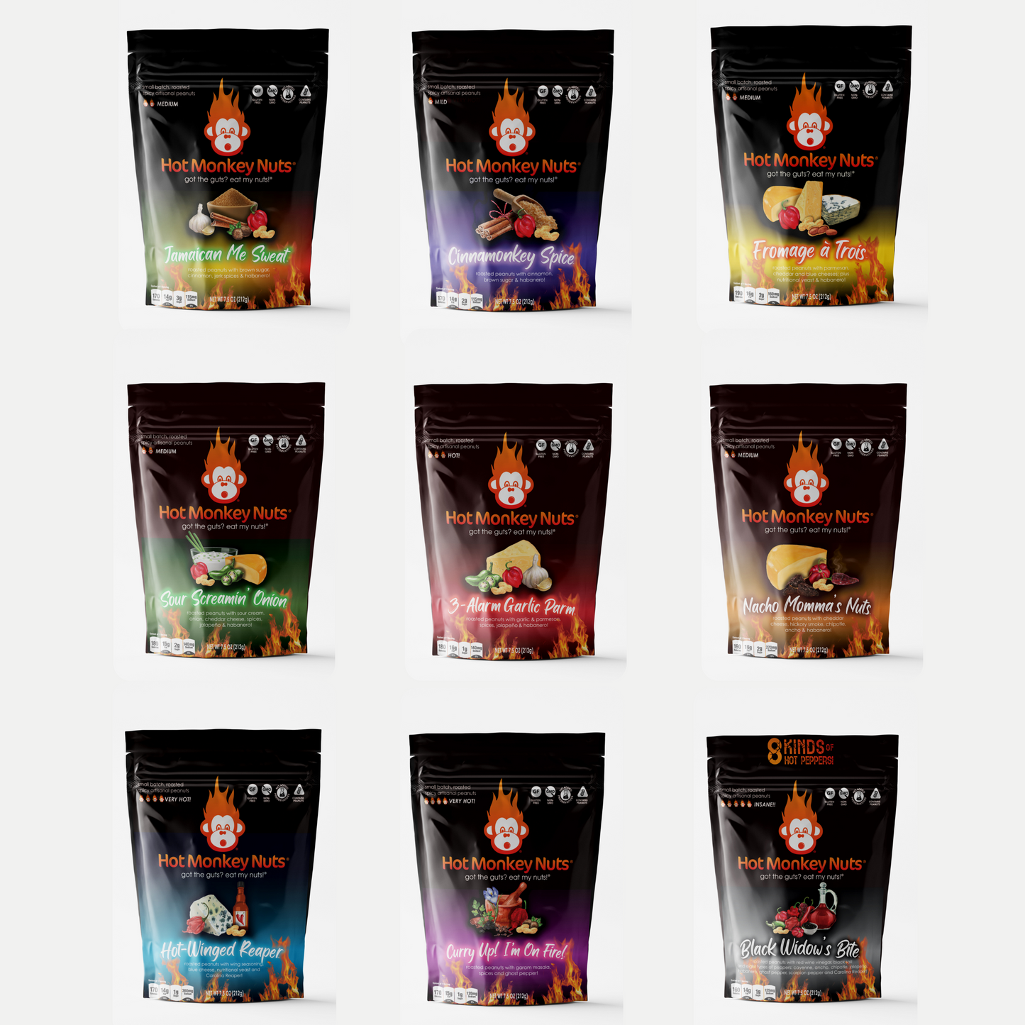 
                  
                    ultimate nut sack- image of all 9 flavors of hot monkey nuts
                  
                